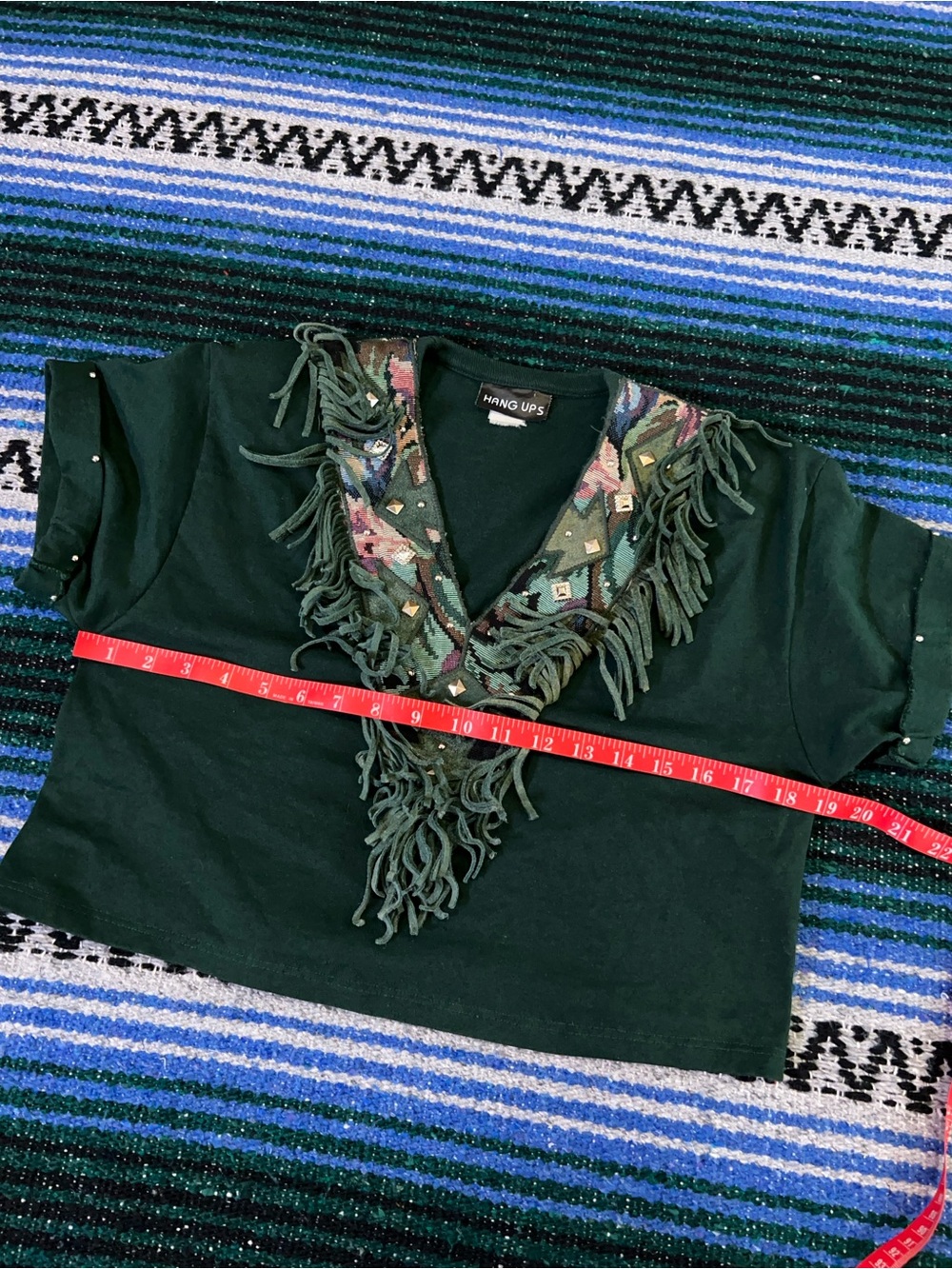 Vintage 80s Green Suede Fringe Top Cropped Aztec Tapestry Studded Western - Picture 8 of 11